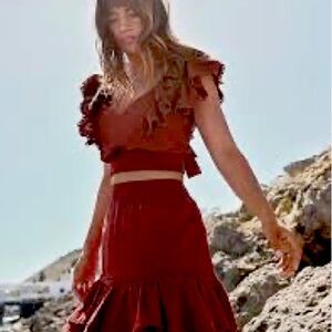 Express Rust linen ruffle top and skirt set size L